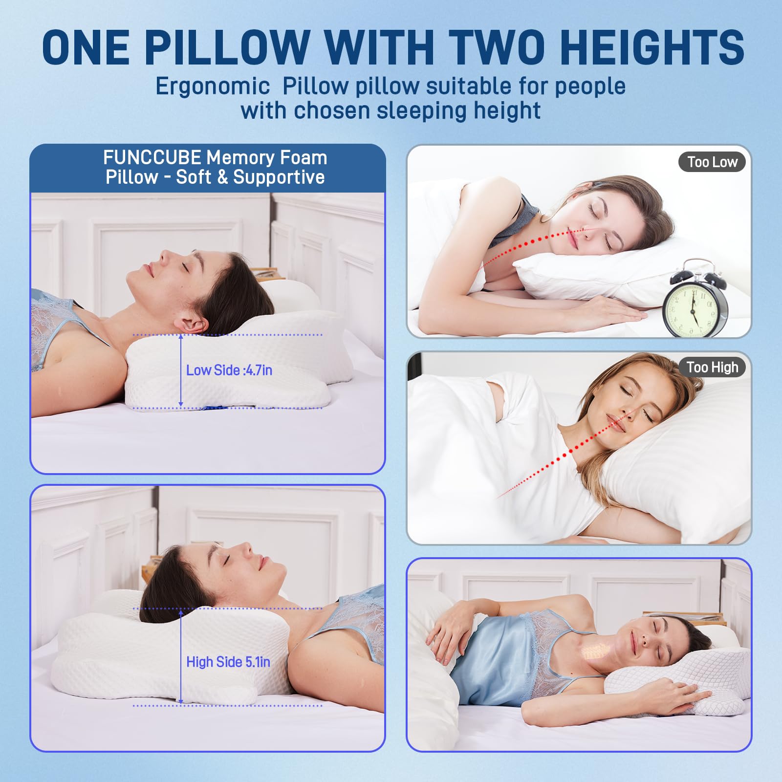 FUNCCUBE Almohada Cervical para el Cuello, Almohada de Espuma viscoelástica para aliviar el Dolor al Dormir, Almohada ergonómica para Dormir de Lado, Espalda y estómago, Almohada ortopédica