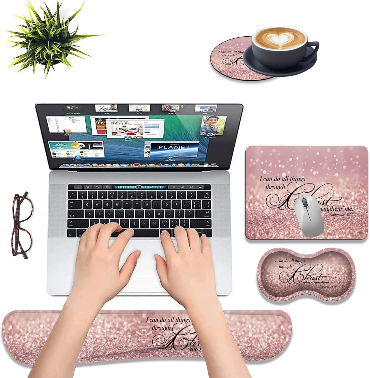 Ergonomic Keyboard Wrist Rest Pad + Wrist Rest Pad + Square Mouse Pad + Coaster, Soft Lycra and Non-Slip Rubber Base, Gel Memory Foam Wrist Pad Set for Pain Relief, Bible 4-13 Astigmatic