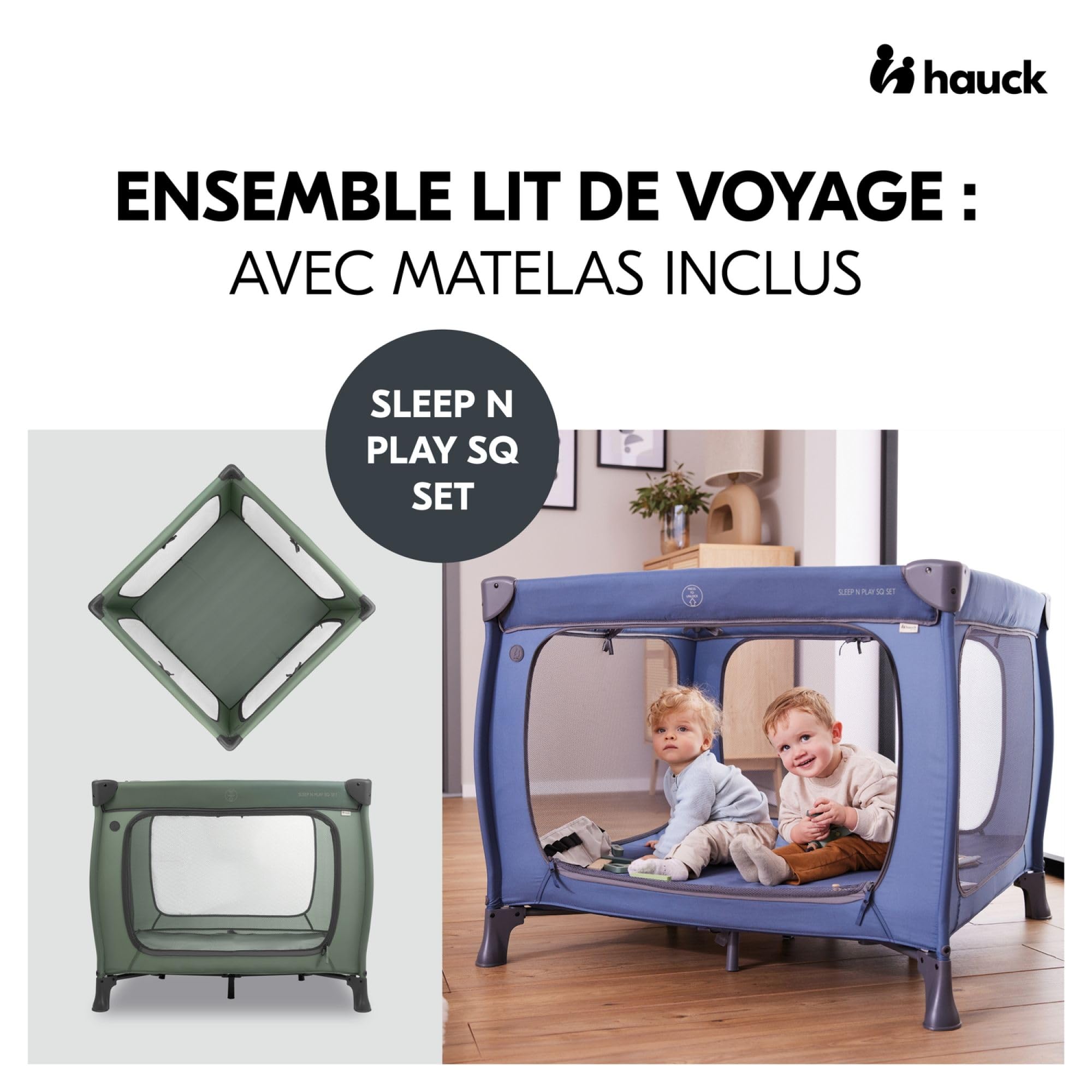 hauck Sleep N Play SQ Set, Dark Green – dziecięce łóżko podróżne i kojec z materacem o grubości 5 cm – w zestawie torba do noszenia – małe składane – dla niemowląt i dzieci od urodzenia do 15 kg
