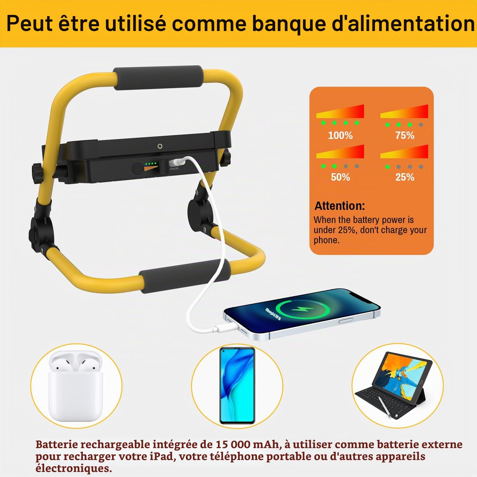 MASMEJOR Projecteur LED Rechargeable, 16000LM, 15000mAh, Télécommande