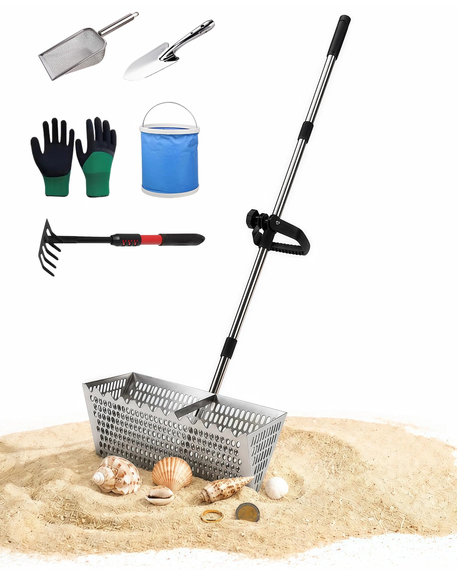 Viridux Stainless Steel Sand Scoop, 141cm Detachable Metal Detecting Sea Rake Tool with Shark Tooth Edge, All-In-One Beach Tool Kit for Shell Collecting & Treasure Hunting