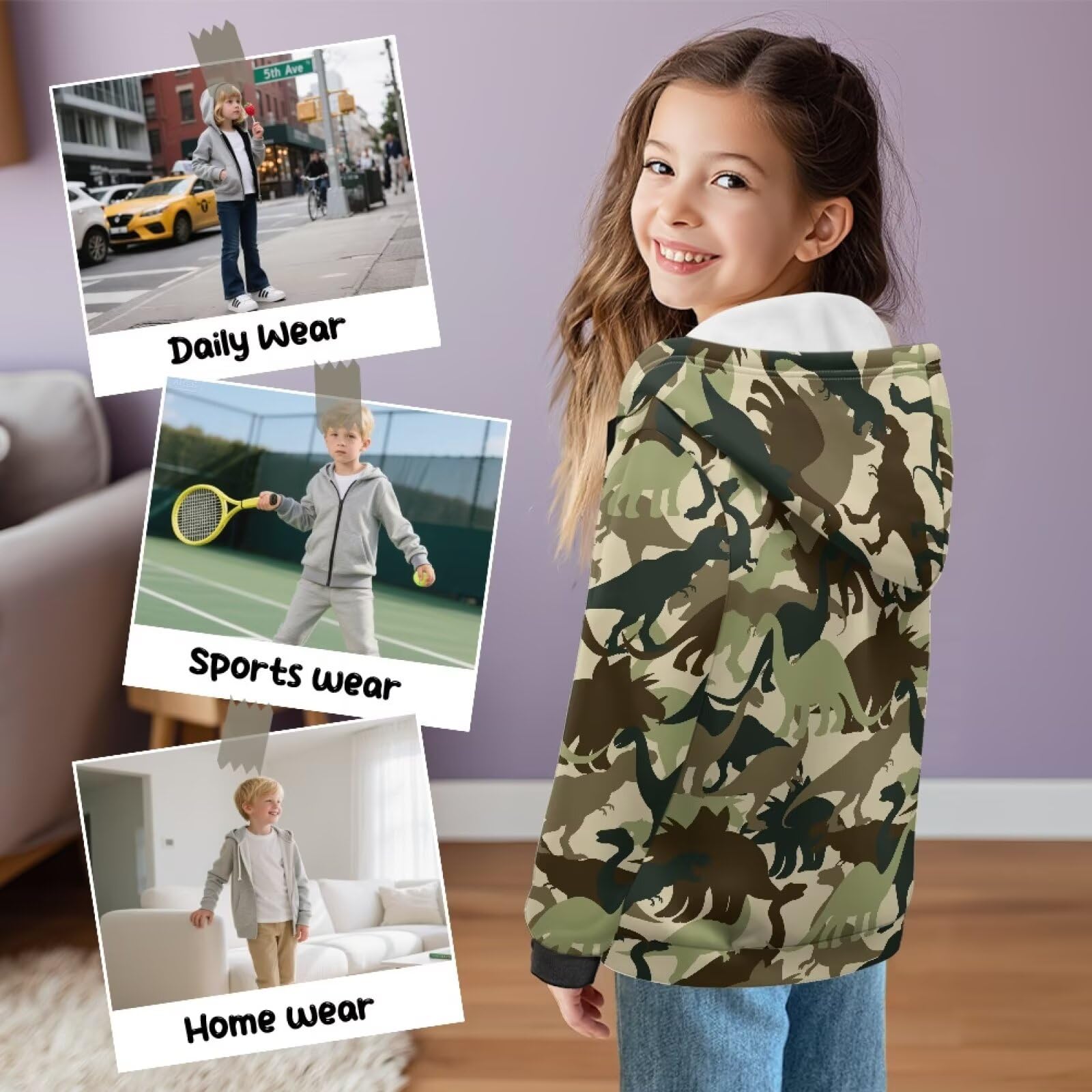 Xoenoiee Dziecięce bluzy z kapturem dla chłopców, zapinana na zamek, bluza 3D, fajna grafika zwierzęca, sweter z długim rękawem, top na jesień i zimę, Zielone abstrakcyjne dinozaury, 14-16 Years
