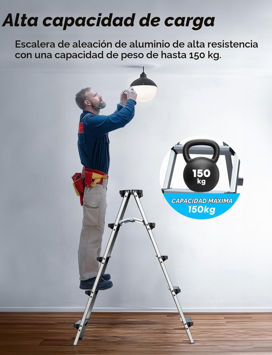 Miscoos Escalera de Aluminio de 5 Peldaños - Pequeña y Doméstica para Cocina, Antideslizante y Estable, Capacidad de Carga hasta 150 kg