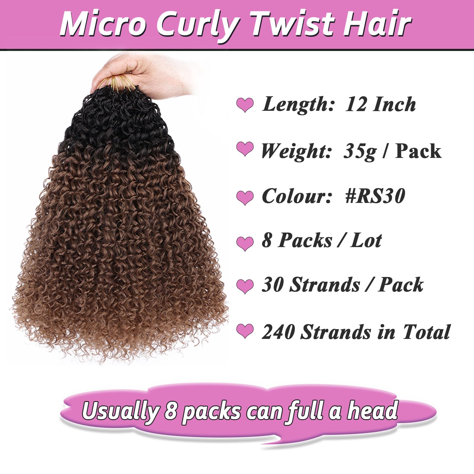 Samtress 12 Inch Pre Looped Micro Curly Twist Crochet Hair 8 Packs Curly Crochet Hair Synthetic for Black Women Yanky Twist Crochet Hair Extensions (#RS30) - Image 2