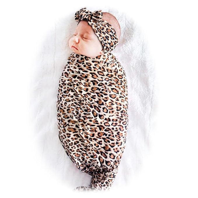 Konssy Baby Girl Newborn Receiving Blanket with Headband Set Baby Swaddle Leopard