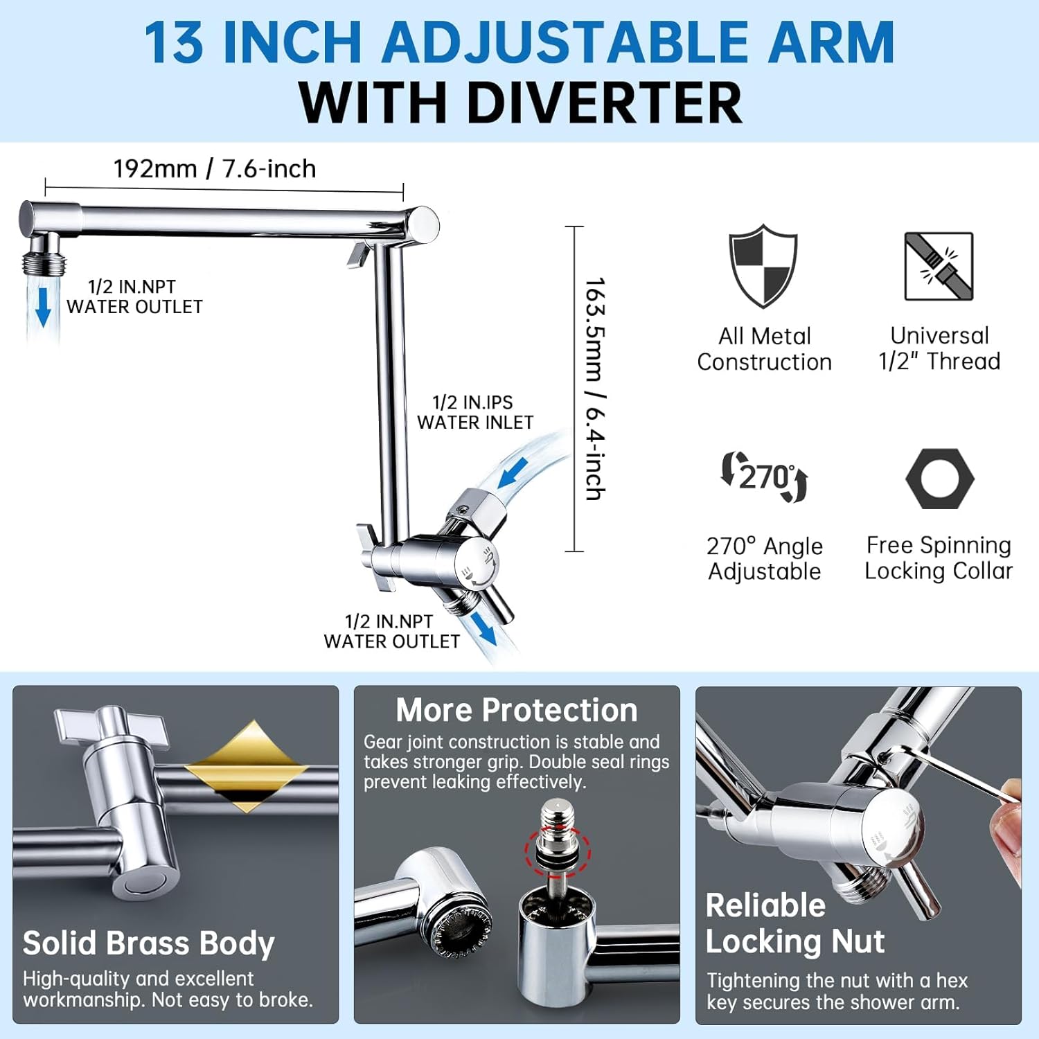 G-Promise Metal 13 Inch Shower Head Extension Arm with Diverter, Handheld Holder Included, G1/2 Universal Thread Rain Shower Arm, Brass Adjustable Extender with 3-Way Diverter, Chrome