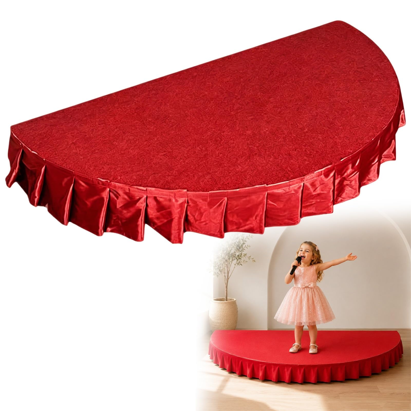 Palcoscenico portatile con piattaforma in moquette, Piattaforma per palcoscenico piccola con moquette antiscivolo, piattaforma semicircolare portatile(Red,39.4x19.7in)