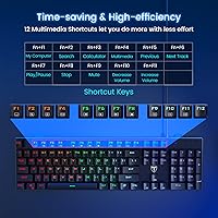Vista 4 de RisoPhy Teclado mecánico para juegos, RGB de 104 teclas ultradelgado con retroiluminación LED USB con interruptor azul, teclas ABS duraderas, Negro
