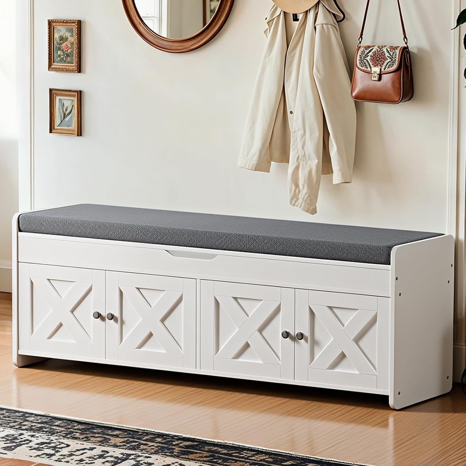 Amada Shoe Storage Bench, Entryway Bench with Cushioned Seat & Lift Top Storage, 3 Doors, Adjustable Shelf, 300 lbs Capacity, Bench with Shoe Rack for Entryway, Bedroom, Living Room, White