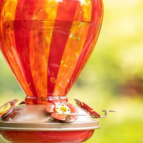 Miniatura 4 de LaElvish Garden Comedero para colibríes, 34 onzas de vidrio soplado a mano para colgar al aire libre, 4 percas de alimentación con gancho para foso
