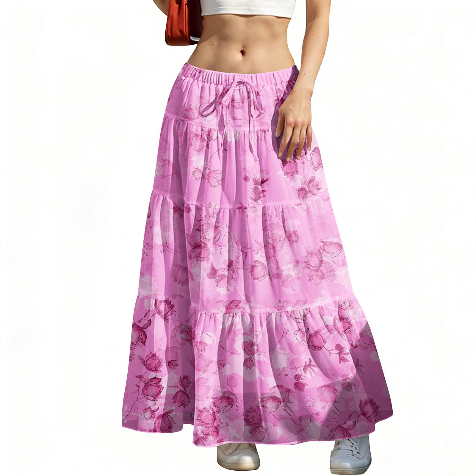 Long Floral Skirts for Women Trendy Low Rise A Line Maxi Skirt Summer Flowy Tiered Chiffon Skirt Vacation