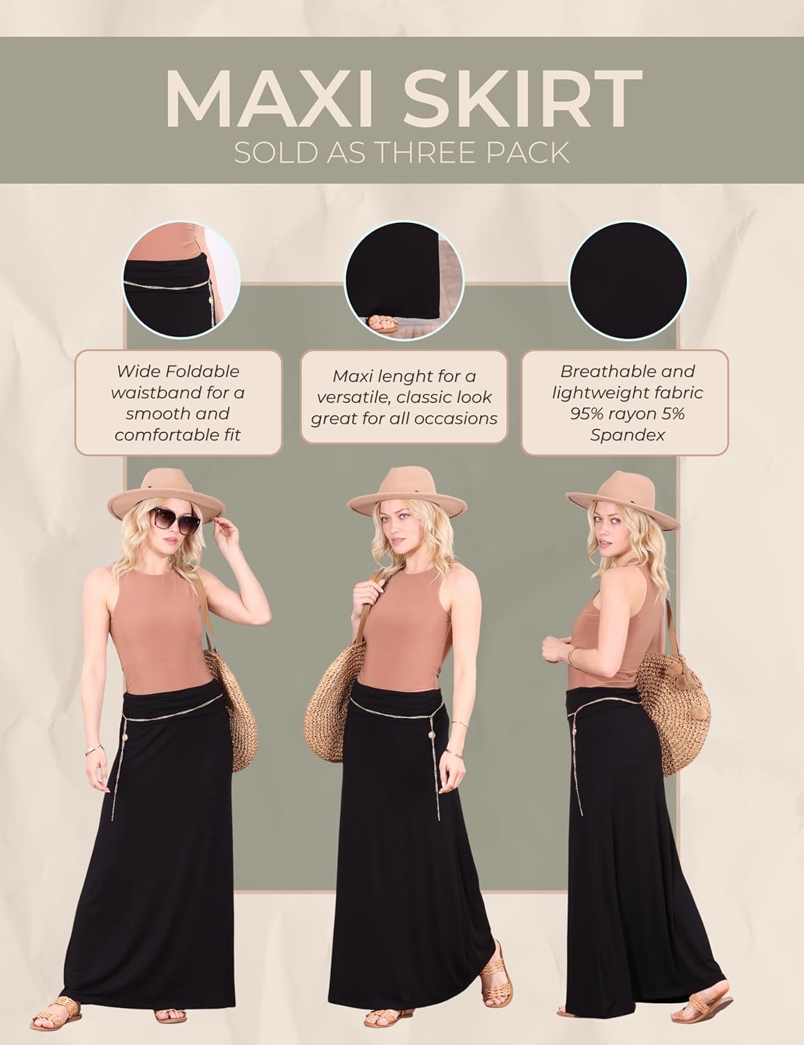 Popana 3 Pack Long Maxi Skirts for Women – Casual A-Line Plus Size Maxi Skirt, High Waisted Flowy Long Skirt for Women - Image 4