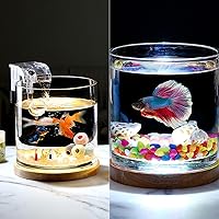 Vista 7 de Kits de inicio de acuario Tanque de peces de 0.81 galones (6 pulgadas) para principiantes Cilíndrico Betta Fish Bowl con base de madera Accesorios