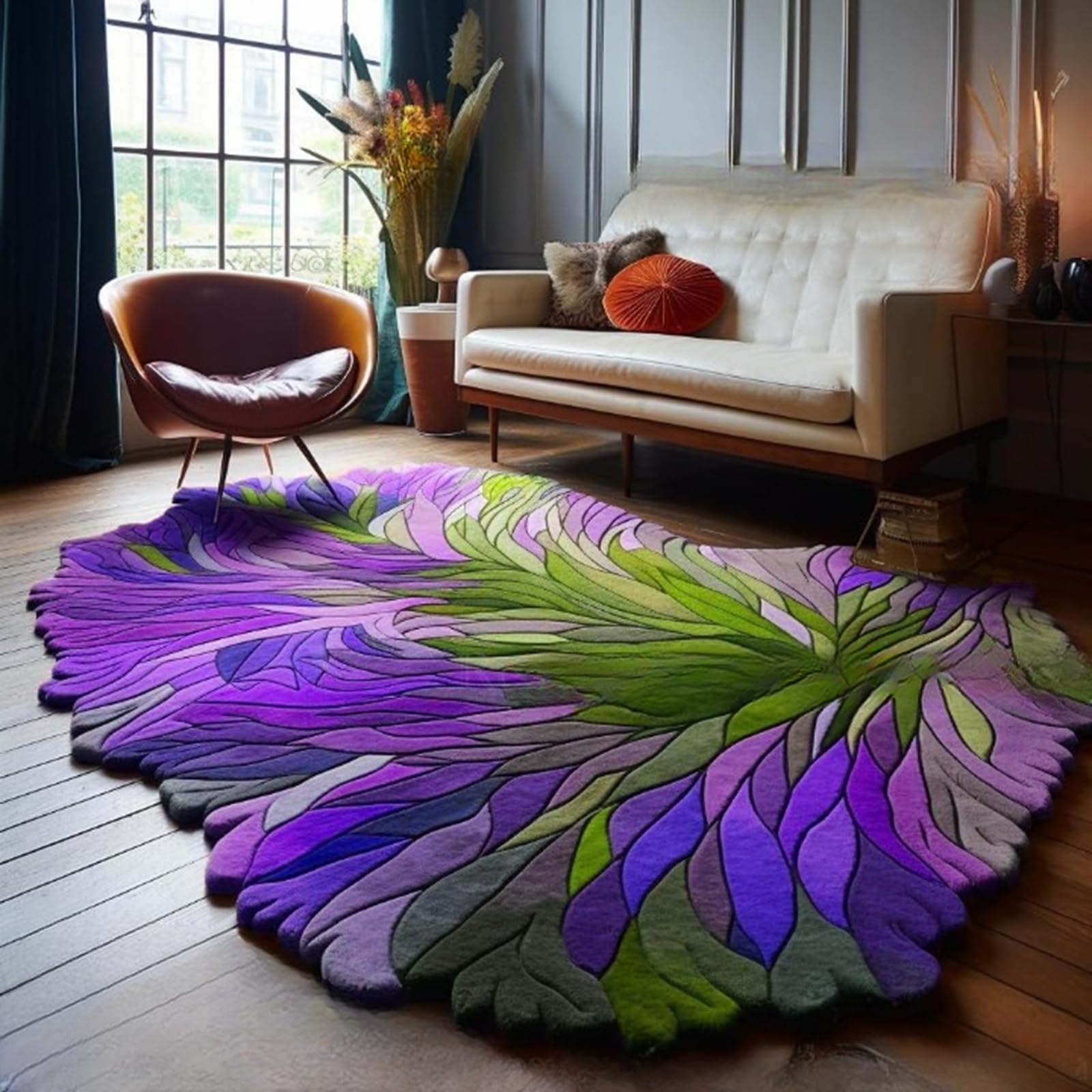 Handmade Irregular Shape Wool Area Rug Unique Contemporary Botanical Design Thick Soft Carpet Perfect for Living Room Bedroom