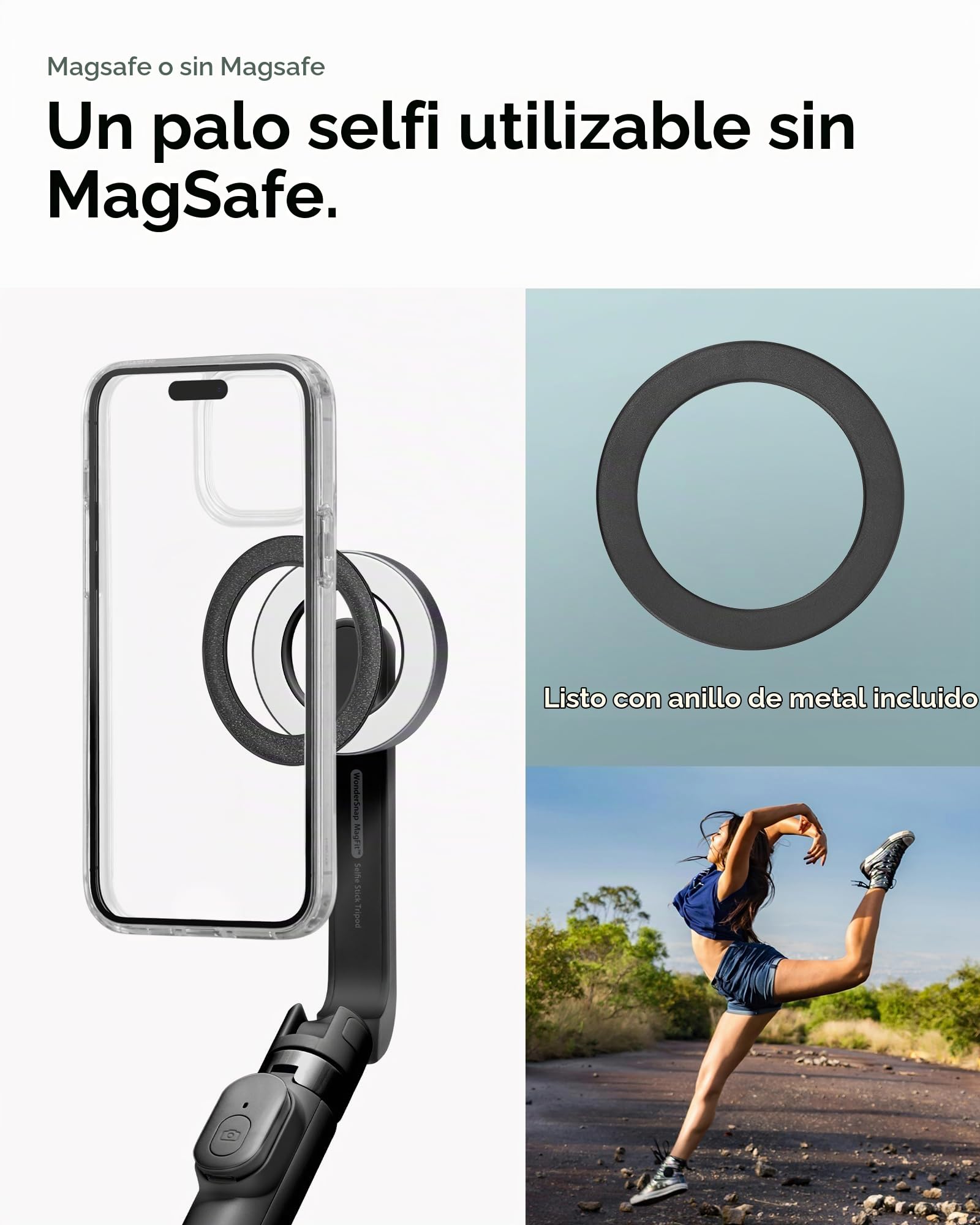 Spigen S571W MagFit Palo Selfie Anillo Metálico y Correa | Negro, Imán 18N Fuerte, Compacto y Ligero 170g, Soporte Todo en Uno para iPhone, Samsung Android, Pixel