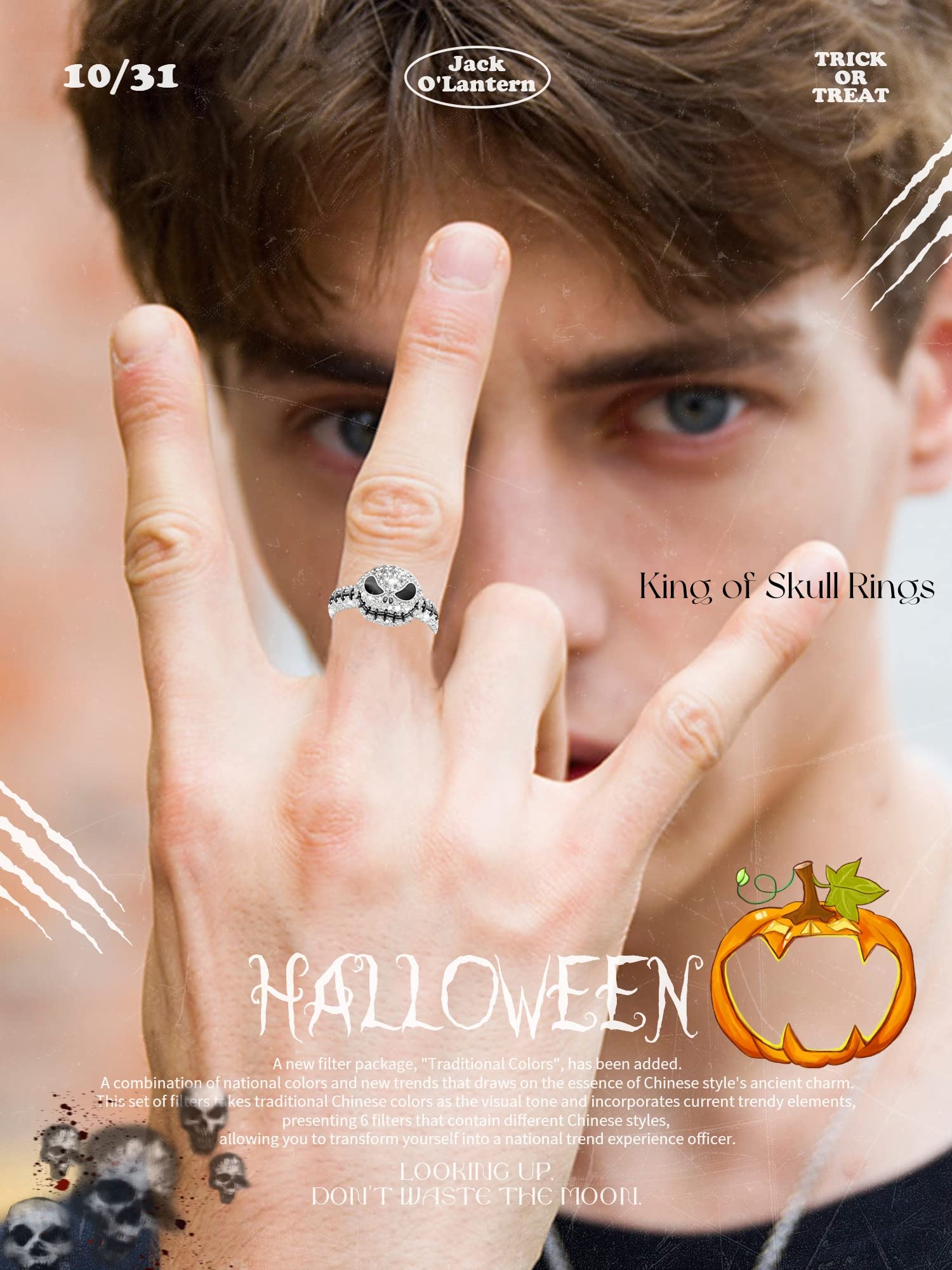 GAUEIOUR Anillo de Navidad de calavera, lindo anillo de Navidad de Halloween, con diseño de calavera de diamante de aceite de goteo, anillo creativo de moda, calabaza y calavera, Medium, Plata