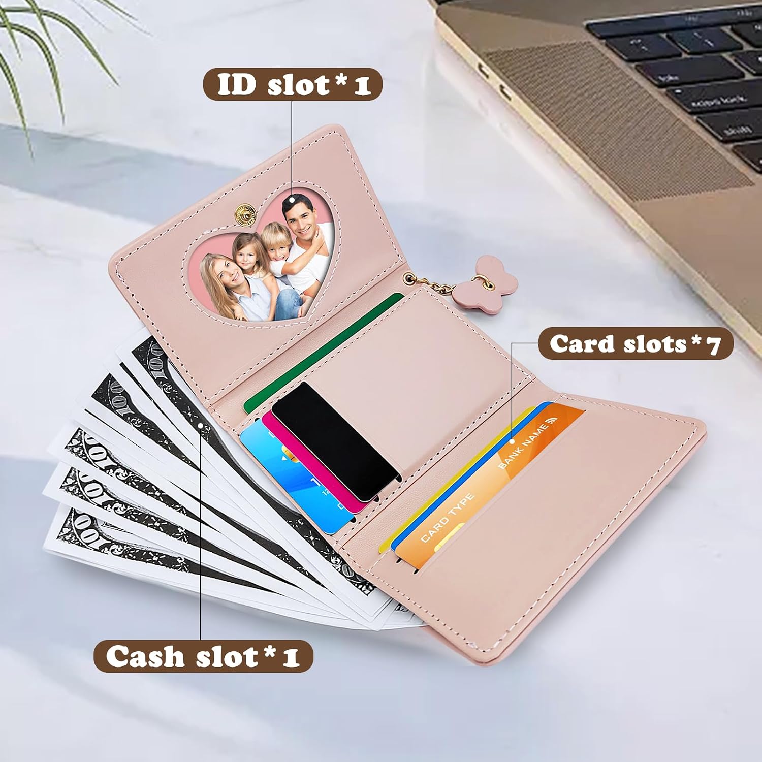 Card Holder Wallet, PU Leather Credit Card Wallet for Women and Girls, Multi Card Slots Womens Wallet Cute Wallet with Butterfly Pendant for Travel, Shopping, Dating (black)
