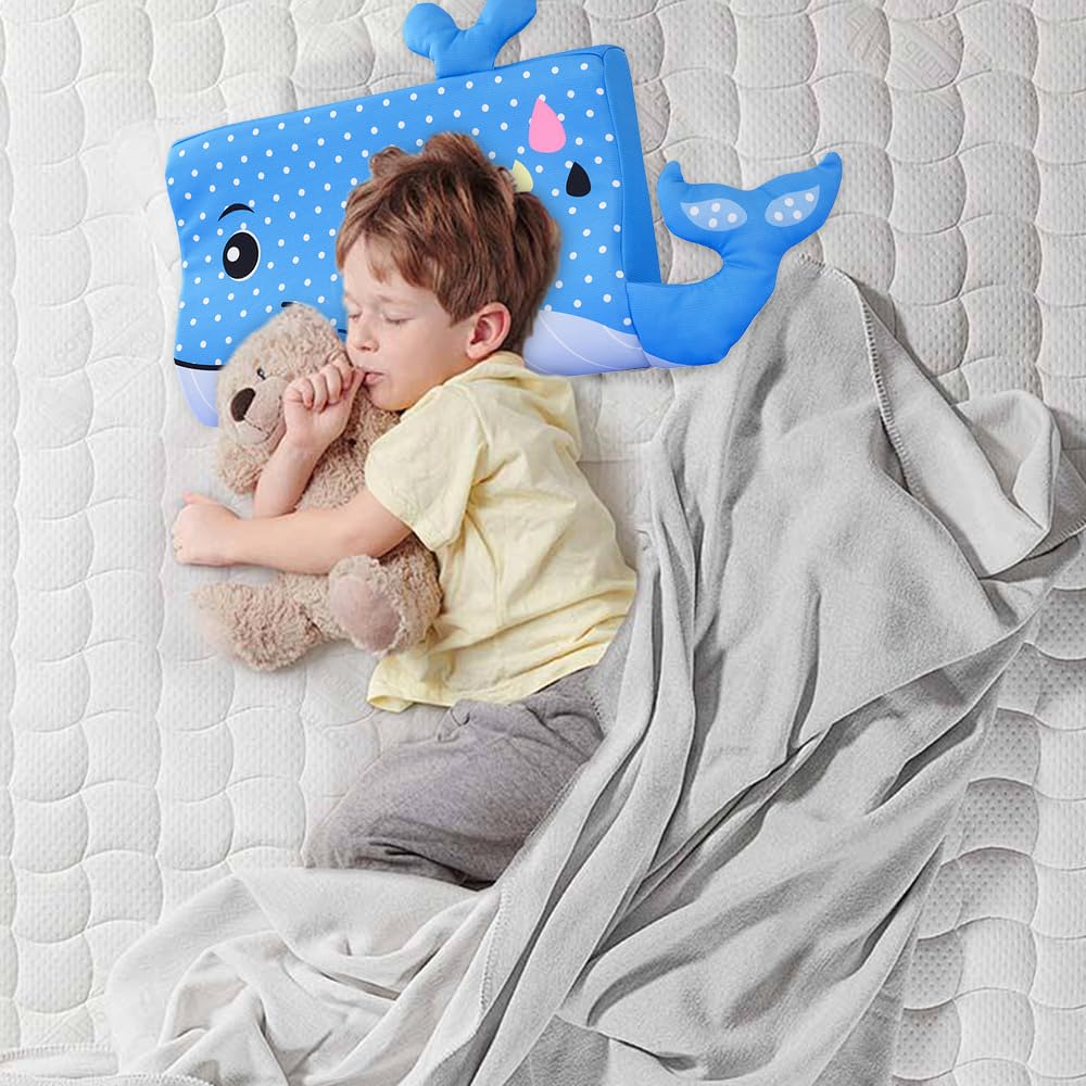 Almohada para Niños, 46 x 26cm Almohada para Bebe con Funda de Almohada, Suave y Transpirable para un Sueño Seguro, Espuma Viscoelástica, para Niños Mayores de 2 Años (Ballena)