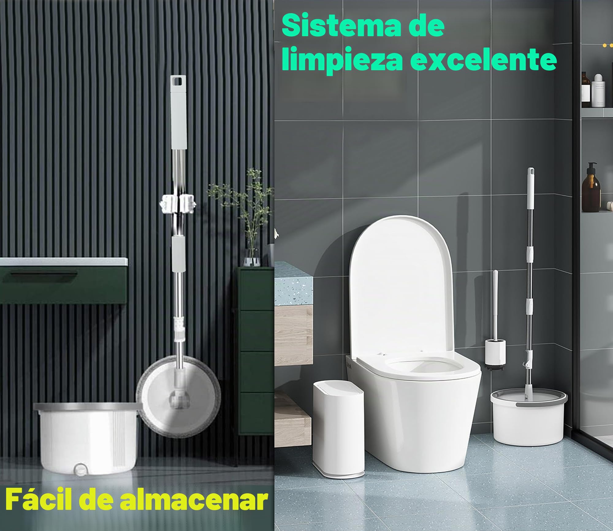 ARSUK Cubo de Spin Mop y Limpieza de Suelos | Mecanismo Separado para Agua Limpia y Sucia | Diseño Compacto 2L, 2 Almohadillas de Microfibra, Mango Telescópico de Acero INeededxidable de 118cm