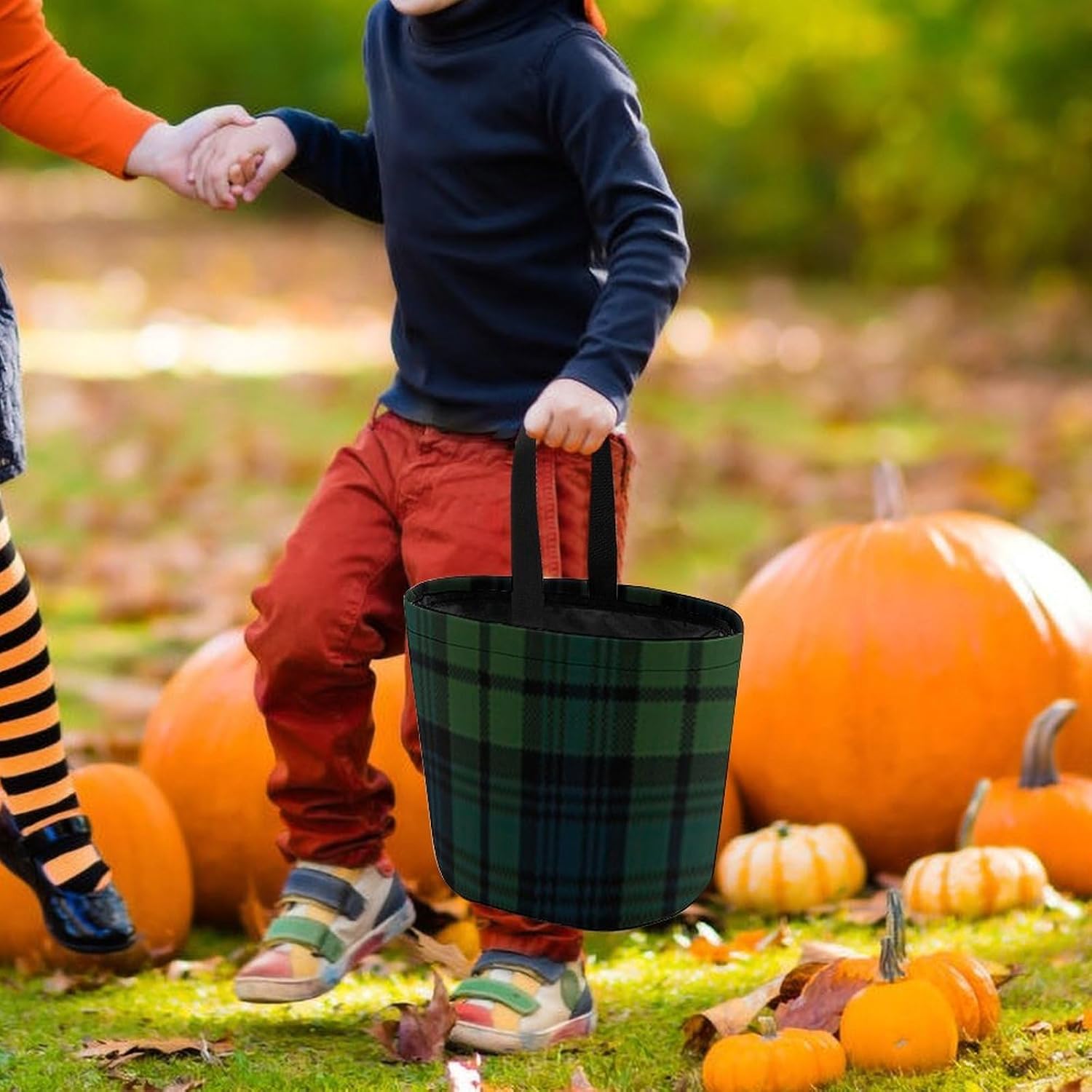 Scottish Tartan Plaid Halloween Treat Bag Reusable Candy Basket Tote Goody Bags Gift Party