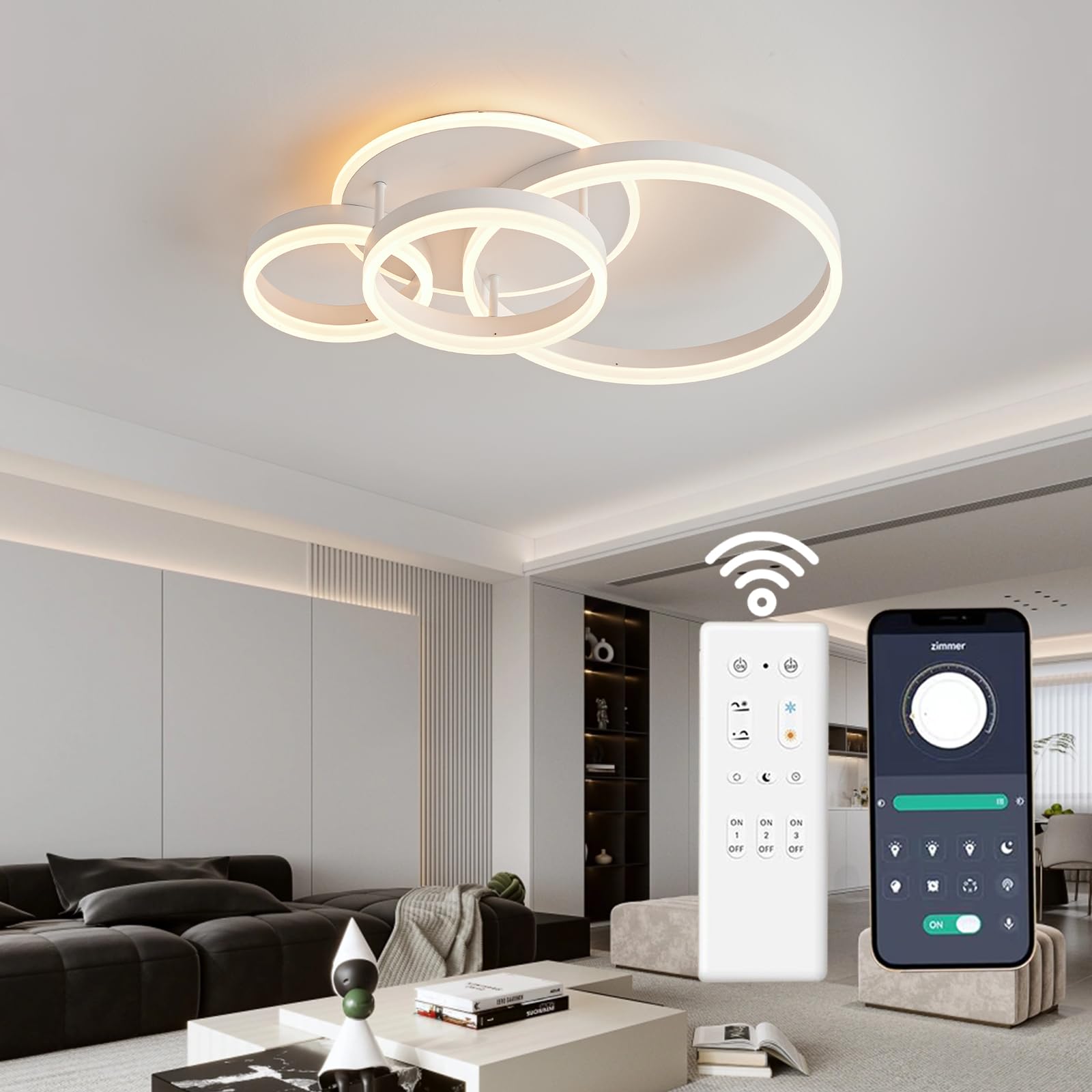 BLMYL Lampada da soffitto a LED dimmerabile, 3000 K – 6000 K, 48 W, 4800 lm, lampada da soffitto da 61 cm, anelli a LED, per camera da letto, cameretta dei bambini, cucina, corridoio