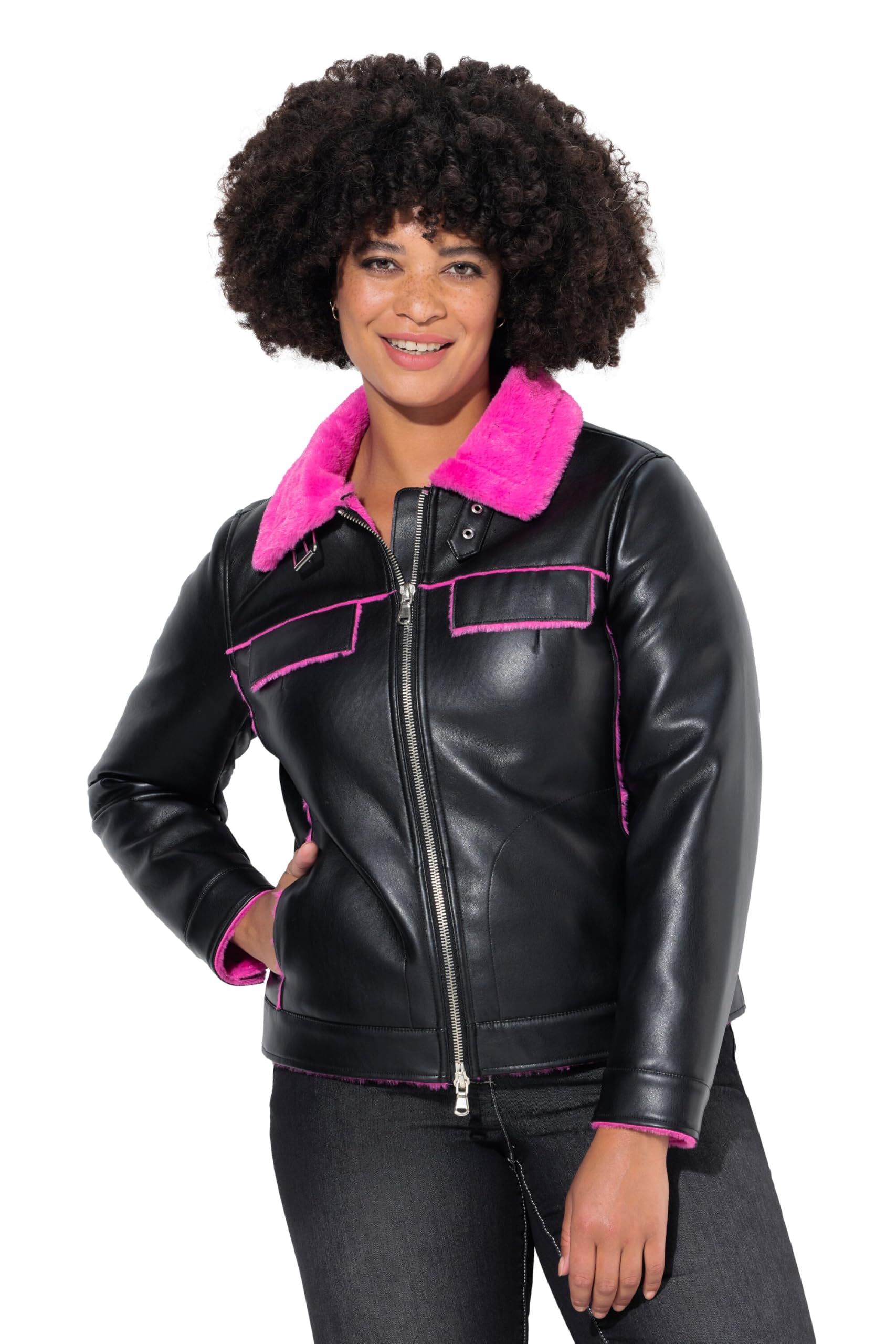 Angel of Style Damen große Größen Übergrößen Plus Size Lederoptik-Jacke, Classic Fit, Neon Webpelzfutter 836548