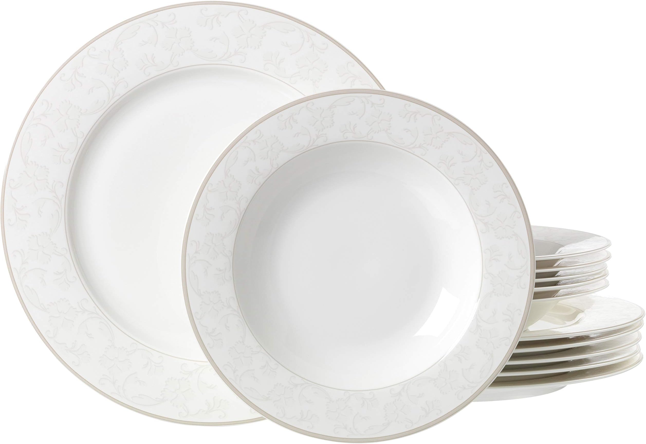Isabella Table Service Set 12 Pieces Set Fine China Porcelain/White with Ornamental Design