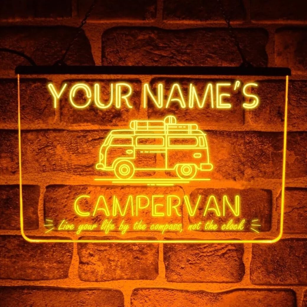 Personalised Campervan Neon LED Sign – Custom Road Trip Light for Windscreen or Dashboard | Vanlife Camper Interior Decoration | Unique Gift for Travel Lovers & RV Owners (USB Powered) (Yellow)