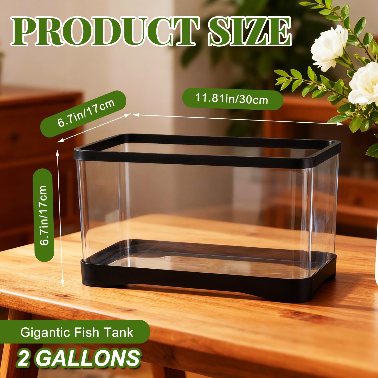 Geelin Aquarium rectangulaire en plastique de 7,6 litres pour poissons Betta, reptiles, plantes succulentes, fleurs, centre de table, incassable avec clarté transparente pour la maison et le bureau