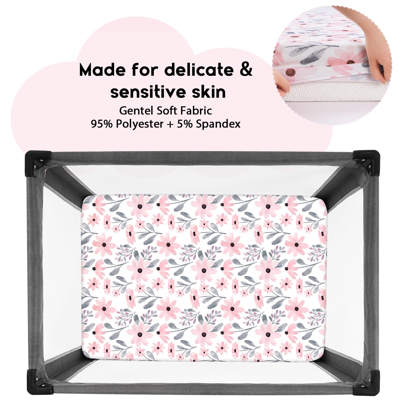 Yoofoss Fitted Travel Cot Sheets - 95 x 65cm, Breathable & Cozy, Elasticated, 2 Pack Pink Floral, Pink&floral, 65x95cm - Image 2