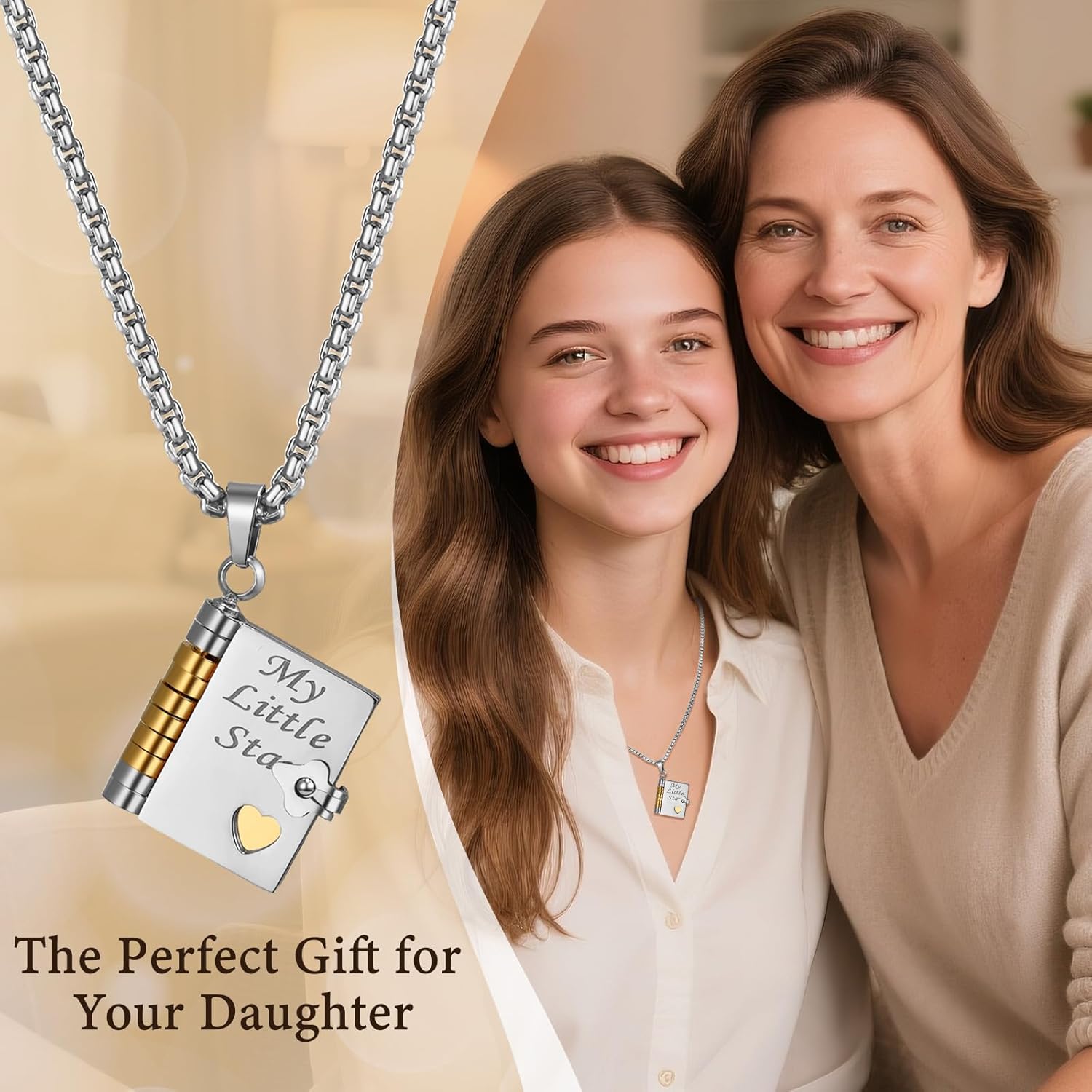 My Little Star Book Necklace: 6 Page Openable Stainless Steel Book Pendant Gifts for Daughter from Mom Dad Graduation Birthday Keepsake Jewelry - Image 3