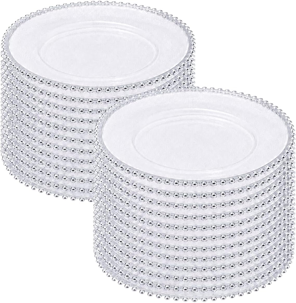 24 Pack Clear Charger Plates with Silver Beaded Rim, 13 Inch Frosted Round Acrylic Dinner Charger Set, Durable Under Plates for Wedding Party Table Decor, Thanksgiving, Holiday Dining (Silver)