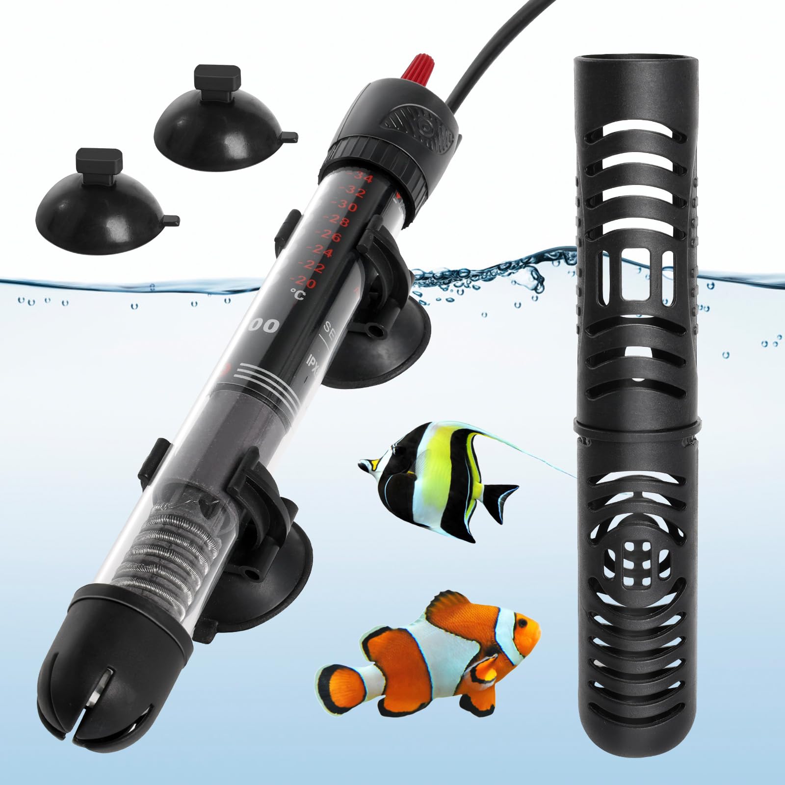 Heizstab Aquarium Heizung Mit Schutzhülle Einstellbare Thermometer Aquarienheizer für Fischtanks Thermostat für Fischtanks 60L (12-34°C, 50W)