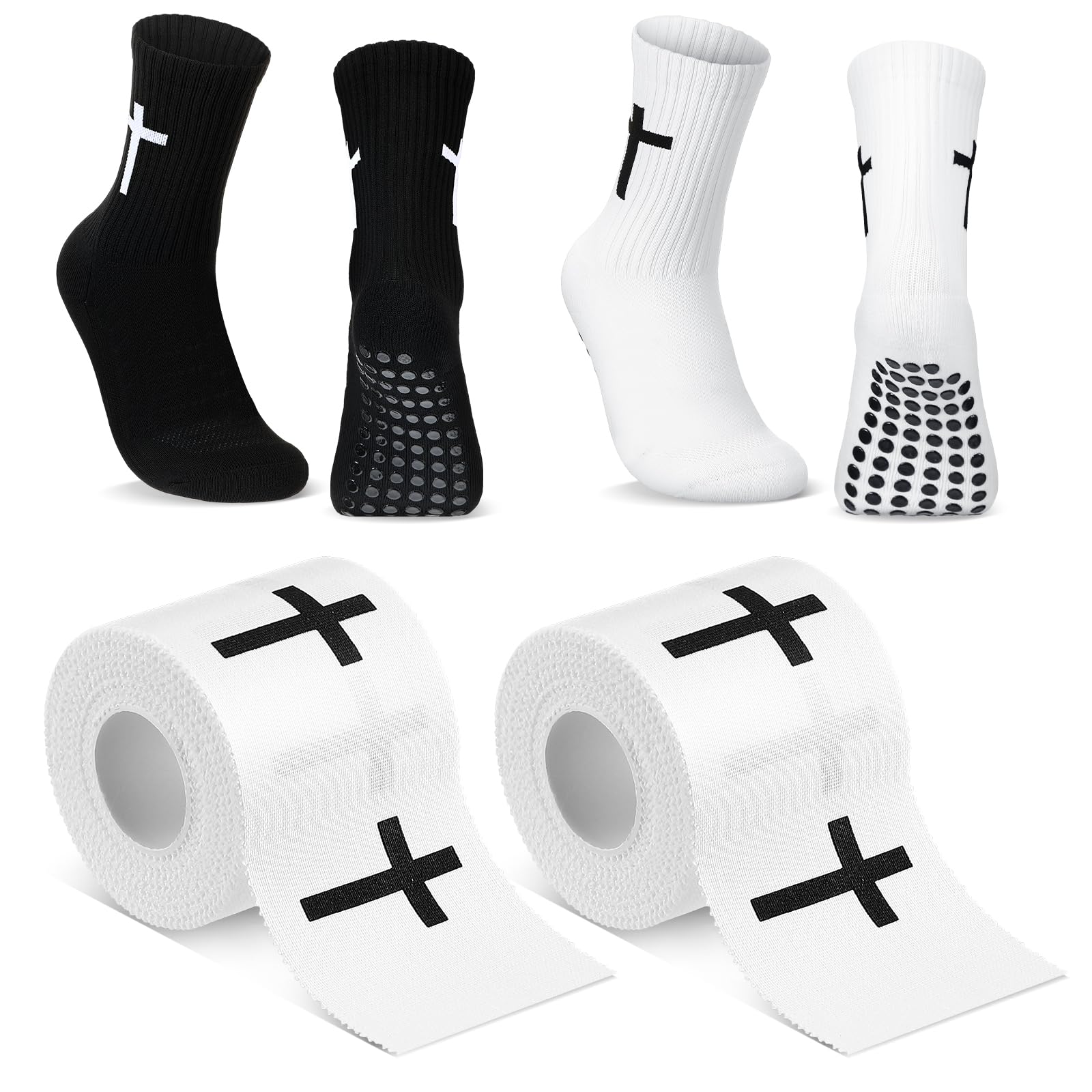 TrelaCo 2 Sets Cross Grip Socks with 2 Pcs Christian Athletic Tape Jesus Soccer Grip Socks Cotton Sports