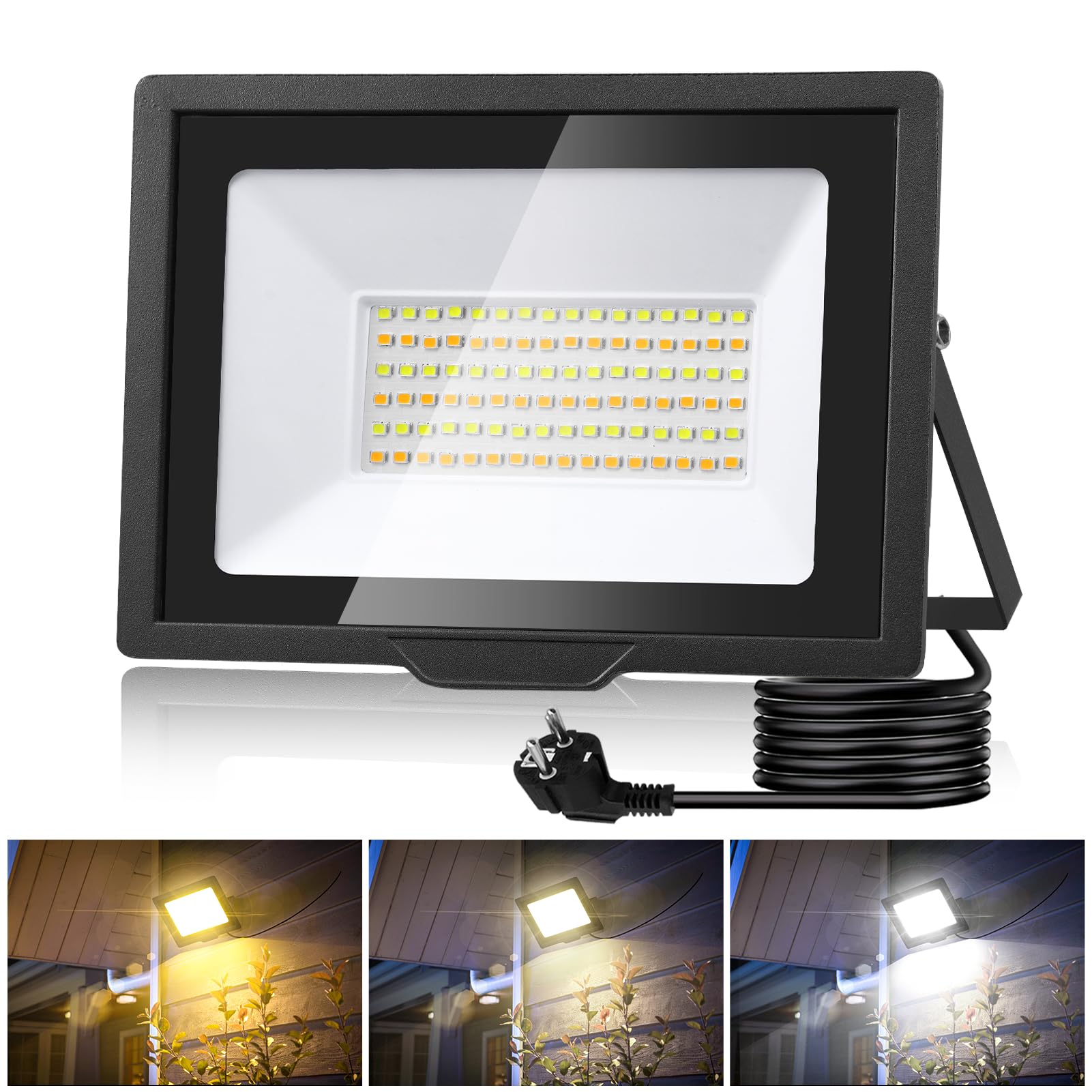 wowspeed LED Strahler Außen Mit Stecker - 50W 3000K/4500K/6500K, 5000LM Superhell Fluter, IP65 Wasserdicht Scheinwerfer für Hof, Garten, Sportplatz