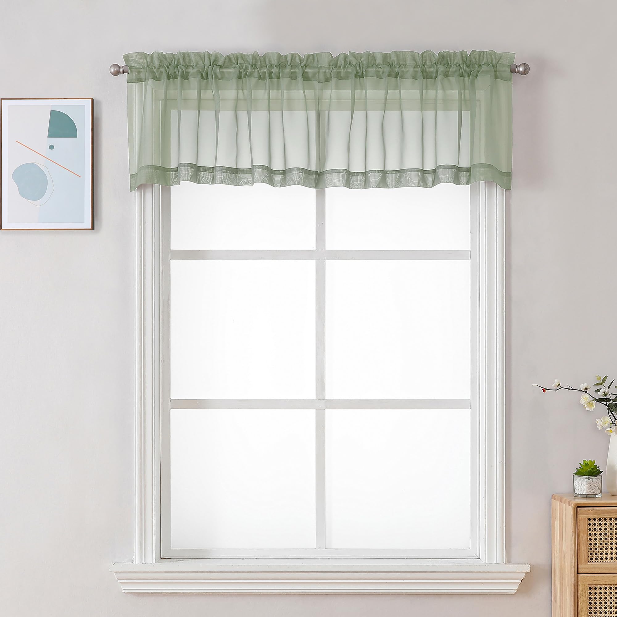 Chyhomenyc Sage Green Sheer Valance for Windows, 42Wx12L, 2 Pack | Light Filtering Voile Soft Airy Topper Small Window Treatment Rod Pocket, Living Room Bedroom Laundry Basement