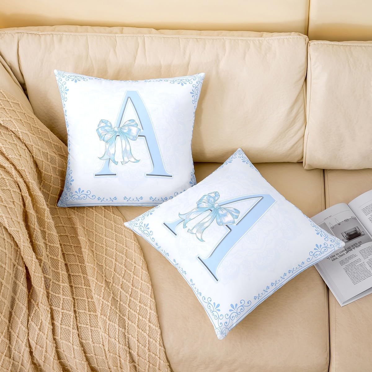 Manfei Blue Letter A Throw Pillow Cover Cute Princess Bowkont Double Sides Pillow Case for Kids Boys Girls,Watercolor Floral Bow Cushion Cover for Bed Couch Sofa,1 Pack 24"x24"