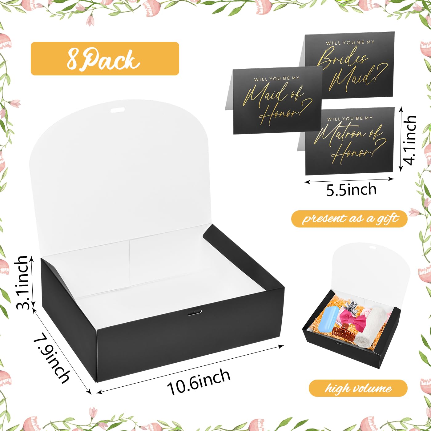 WLUSEAXI 16 Pieces Bridesmaid Proposal Box Set, 8 Pack Bridesmaid Boxes & Cards, Matron of Honor Proposal Gift Box, Maid of Honor Box, Will You be My Bridesmaid Box for Bridesmaids Gifts (Black)