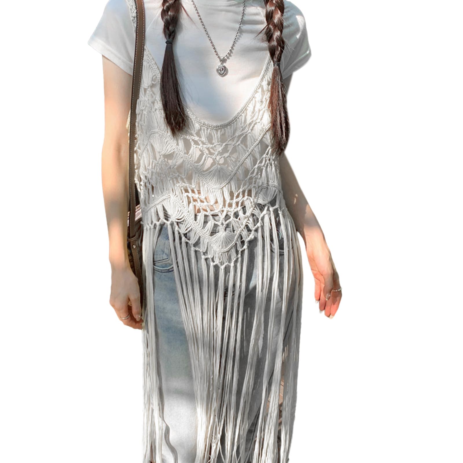 Maxtonser Women Sleeveless Hollow Out Crochet Knit Tanks Top Bohemian Long Tassels Tunics Vest Shirts Cover Up Party Clubwear