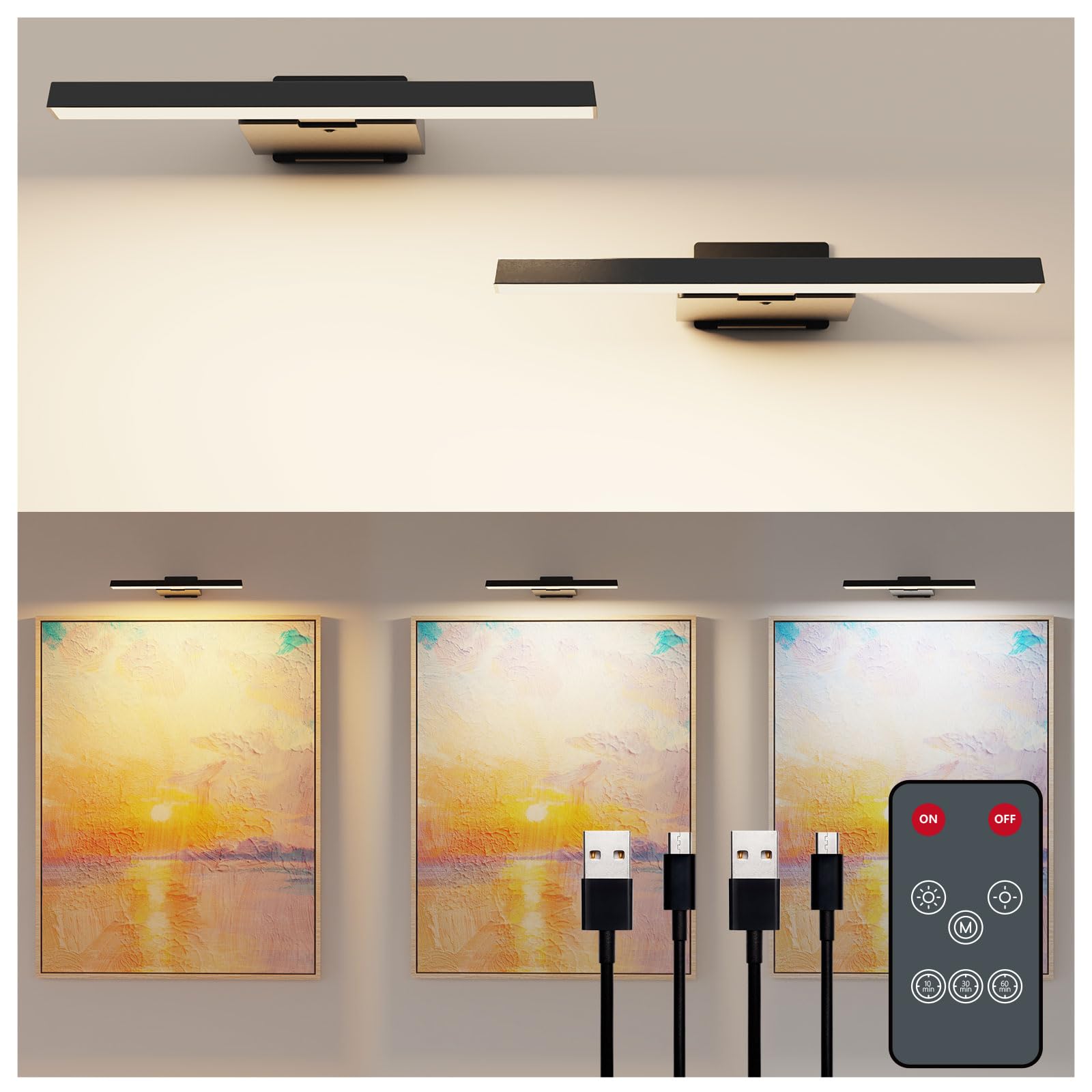 Deyagoo Bilderleuchte Kabellos, 2 Stück LED Wandleuchte Innen mit Fernbedienung, 6000mAh Akku Bildbeleuchtung mit Timer, Dart Beleuchtung, 3 Farbmodi Dimmbare Wandlampe für Malen Foto Art, Schwarz