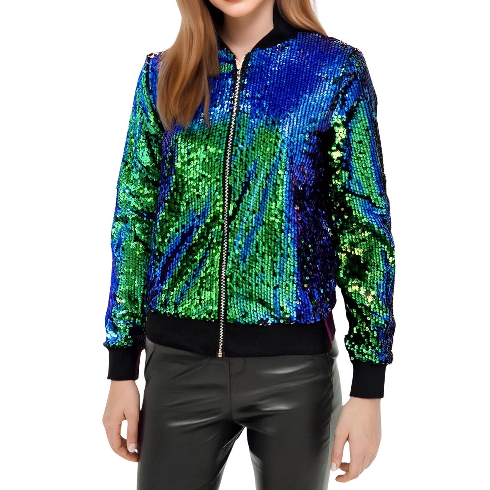 Baseball Jacke Damen Pailletten Reißverschluss Langarm Jacken Blazer Sakko Pailletten Blazer Jacke Elegant Kurz Sakko Rave Party Outwear Blazermantel Bomberjacke Bikerjacke Übergangsjacke Lässig