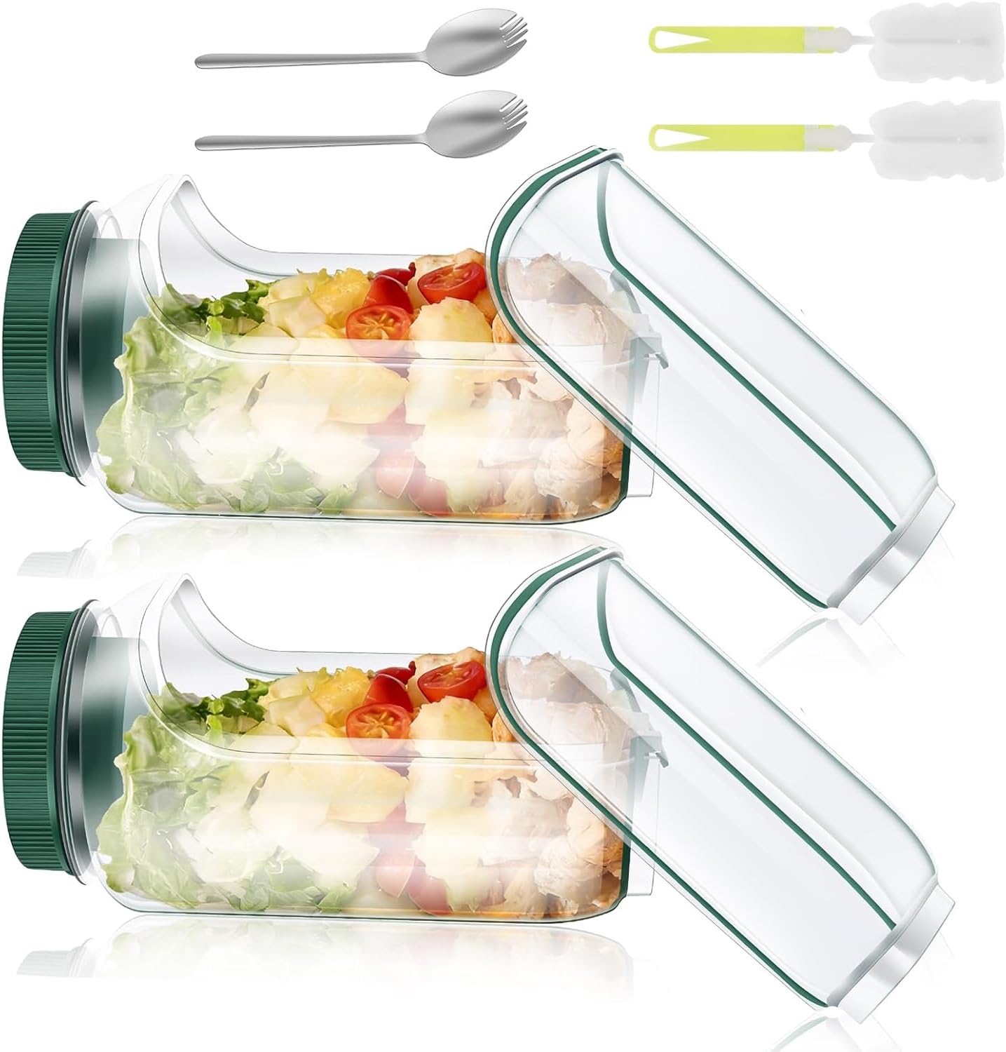 Rhaiqbvc 2Pcs Salad Pod Container ,800Ml Salad Jar With Side Opening,Reusable Plastic Salads Pod With Leak Proof Sauce Dressing Case ,Fork Spoon & Cleaning Brush,Dishwasher Safe For Camping Travel Picnic(2Pcs)