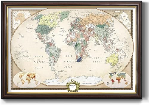 Miniatura 21 de Renditions Gallery - Lienzo artístico del mapa del mundo colorido con marco de nogal, arte de pared para viajes con pines de empuje para el hogar,