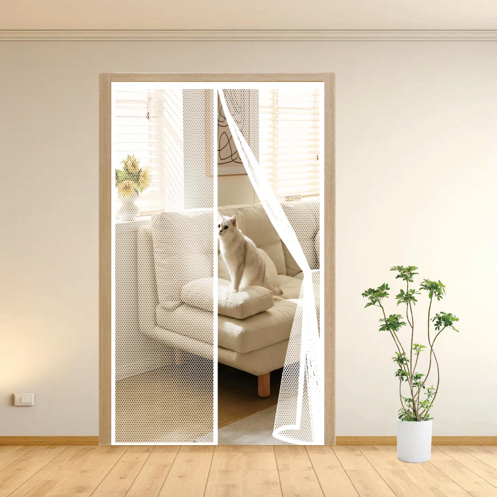 Fly Screens for Doors 97 x 202 cm with Powerful Magnets Automatically Closes and Magic Tape, Install Without, Keep Bugs Out, Patio Insect Door Screen for Balcony Door, White
