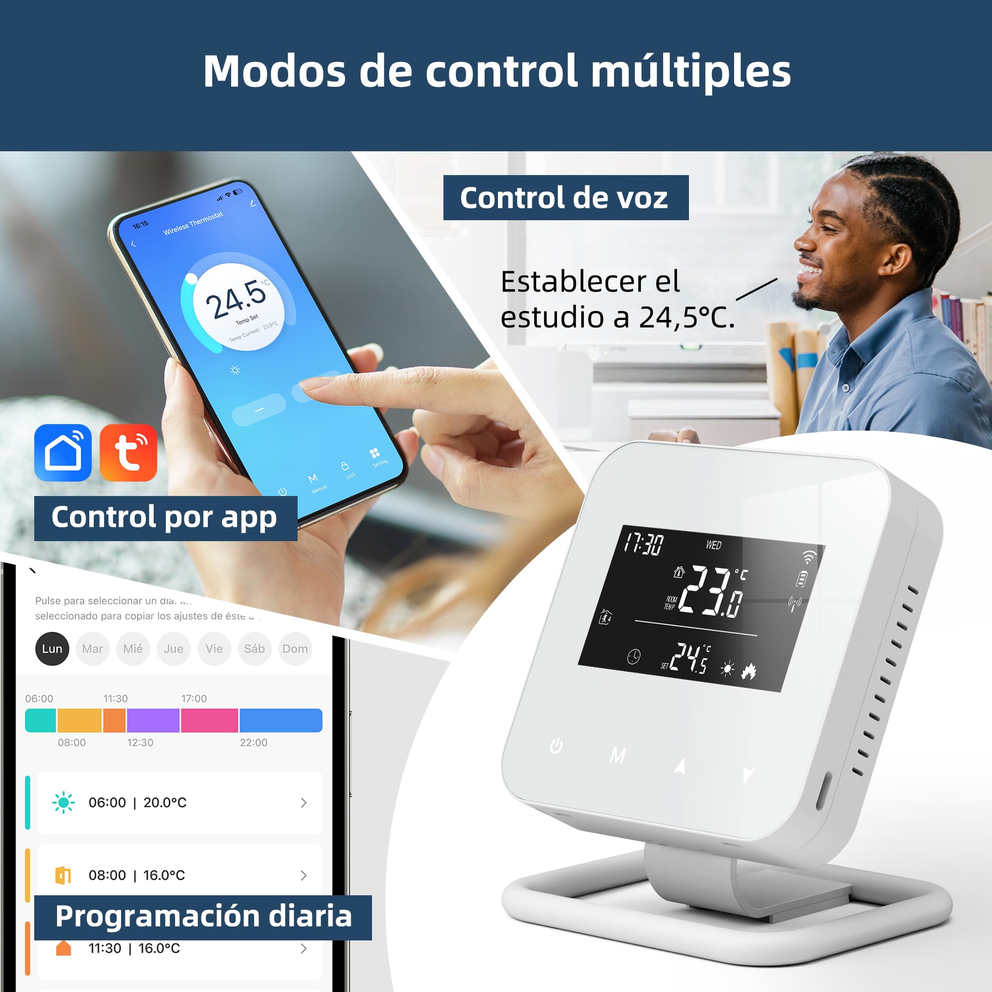 Termostato WiFi Apto para calderas de Gas y válvulas termostáticas Programable Diariamente Alimentado por USB y batería Compatible con Alexa y Google Assistant - Control Tuya