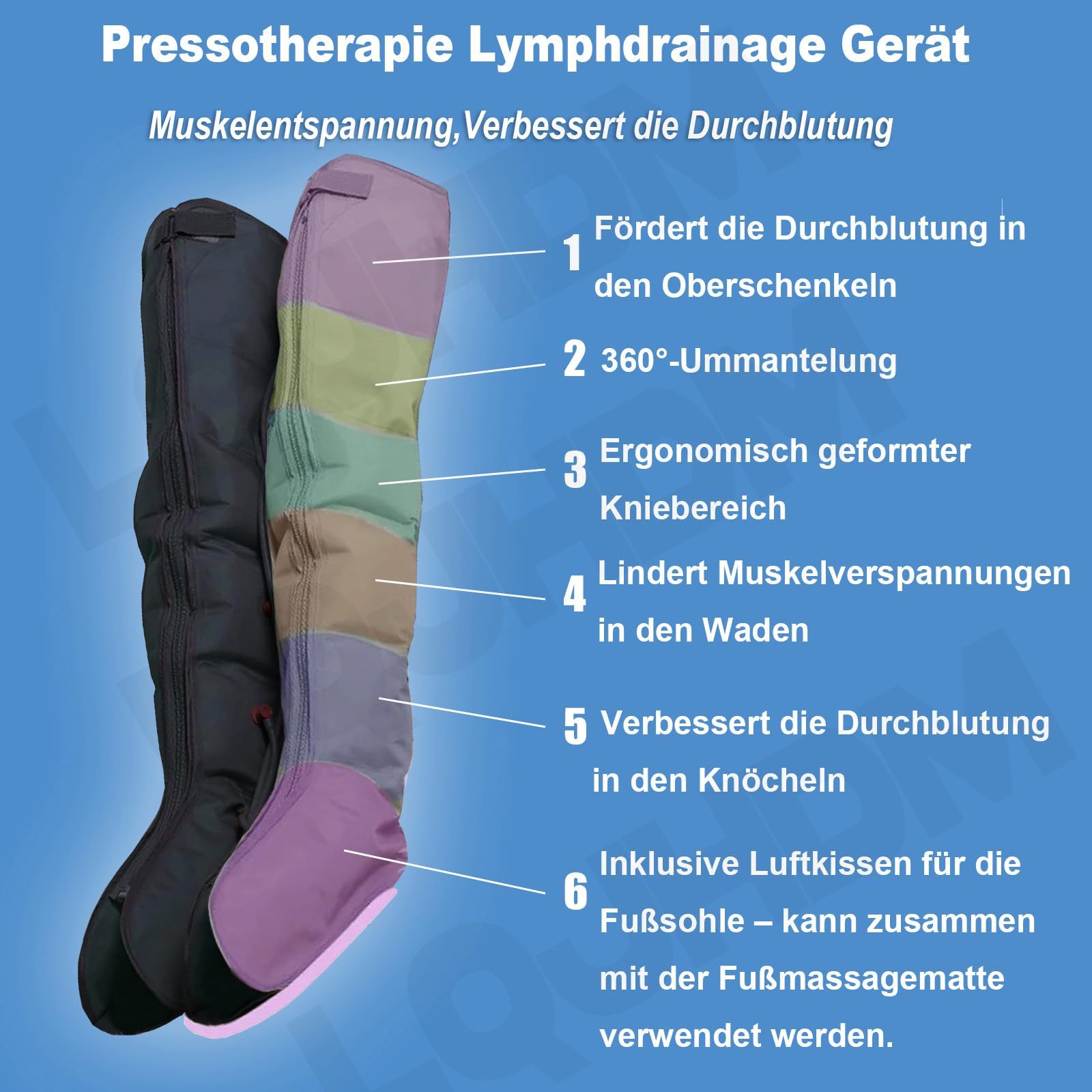 Lymphdrainage Gerät für Beine und Bauch, 6 Kammern Professionelles Beinmassagegerät für Lymphdrainage Lipödem, 30-240mmHg Einstellbarer Druck (Schwarz Beine, L)