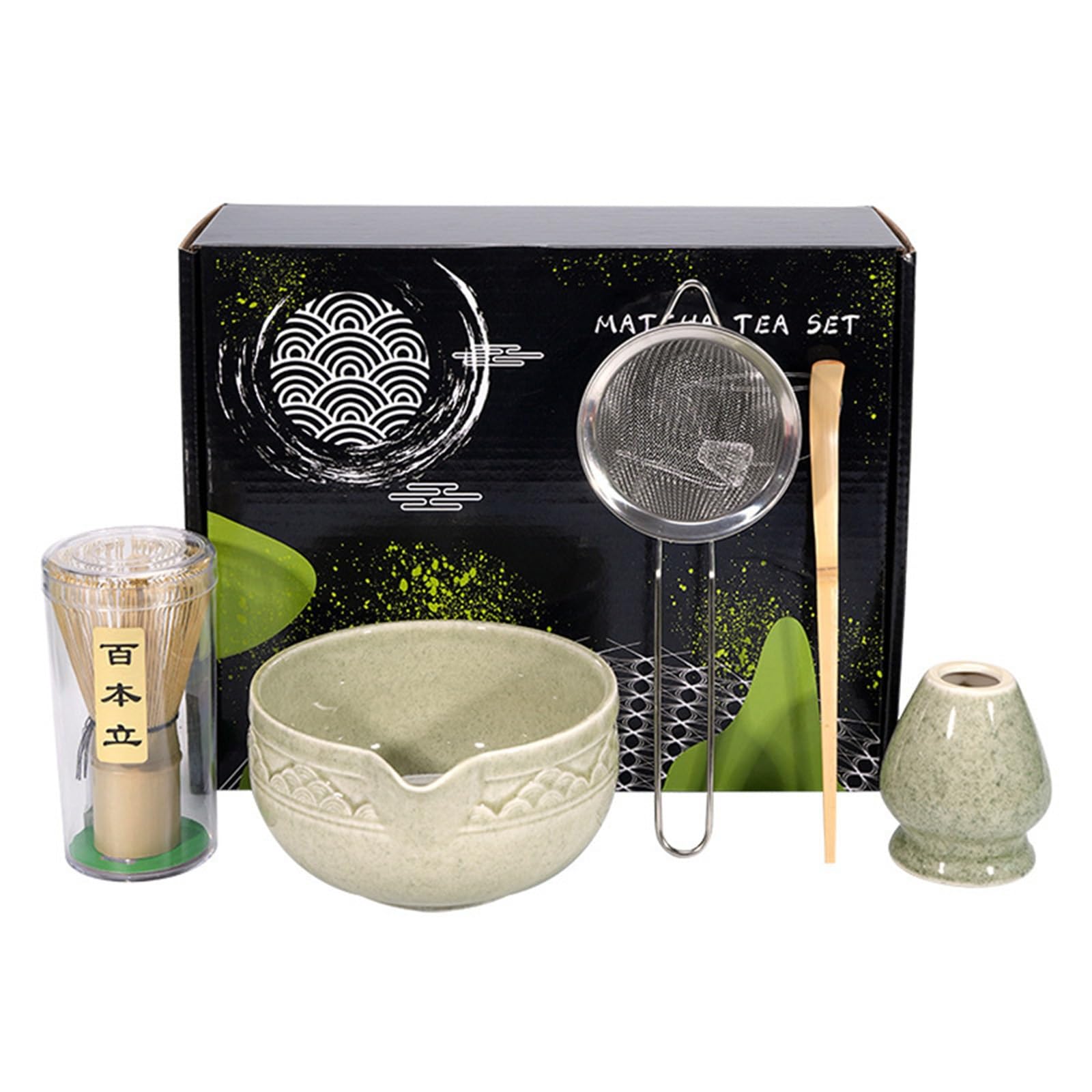 Japoński Zestaw do Herbaty Matcha Dynastia Song Ceremonia Herbaty Odstresowanie, Ceramika Zestaw do Matchy Bambus Szczotka do Herbaty Początkujący Miłośnicy Herbaty(5-piece set-B+black box)