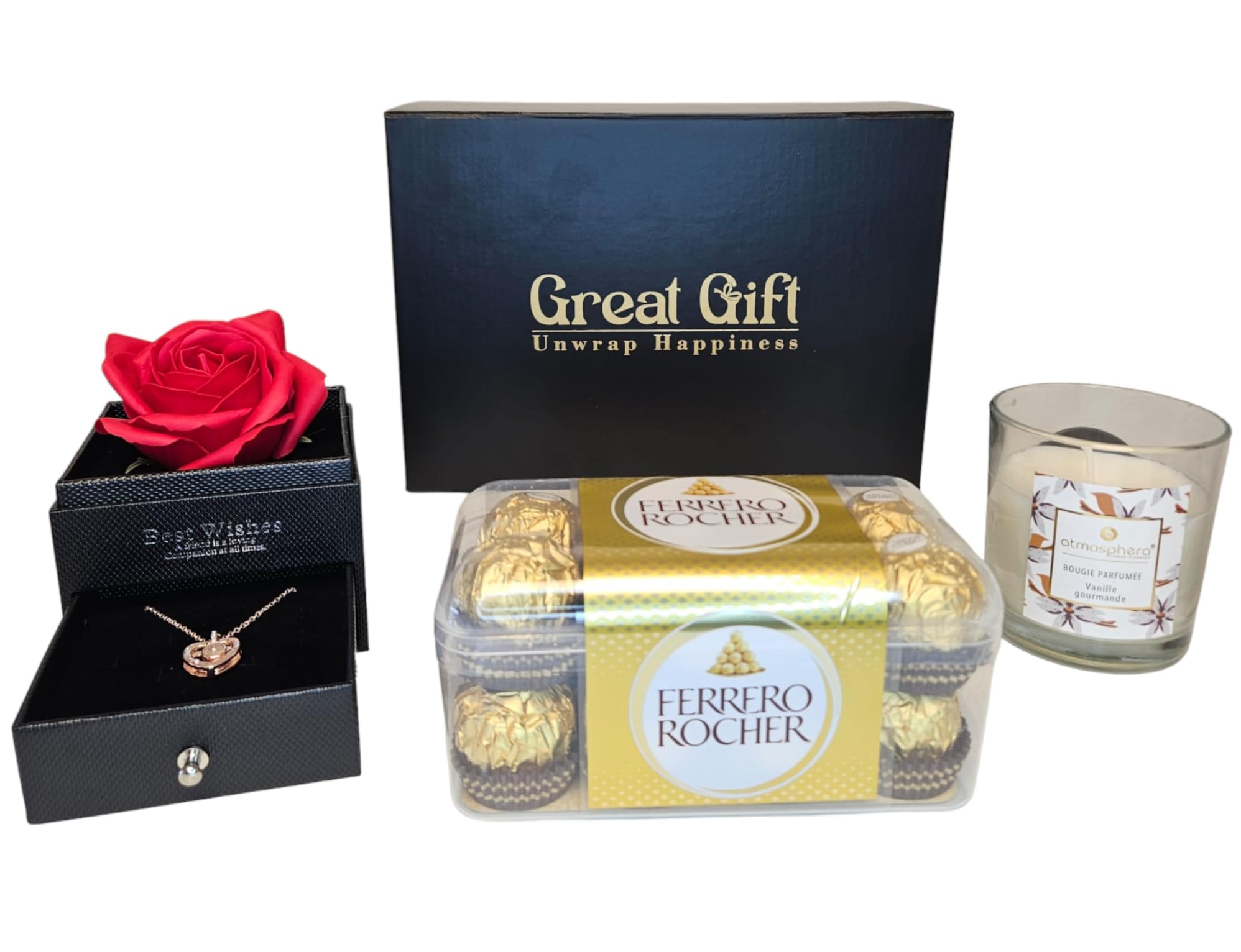 Coffret cadeau pour elle avec collier de coeurs en 100 langues I Love You - In Luxury Gift Box with Eternal Rose - Coffret cadeau pour elle avec chocolat