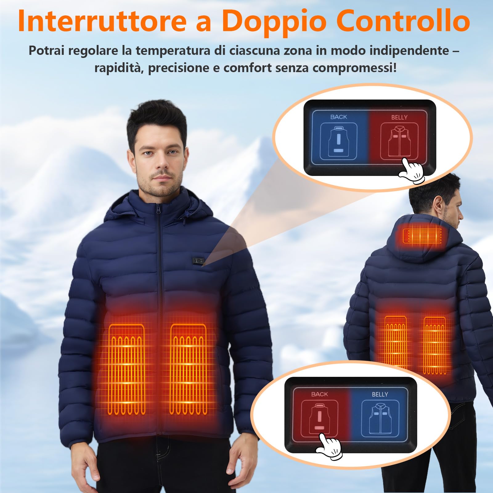 Giubbotto Riscaldato con Power Bank 10000mAh - Giacca Riscaldato con Cappuccio 5 Zone di Calore, 3 Livelli Doppi Controlle per Il Lavoro All'aperto Sci Trekking