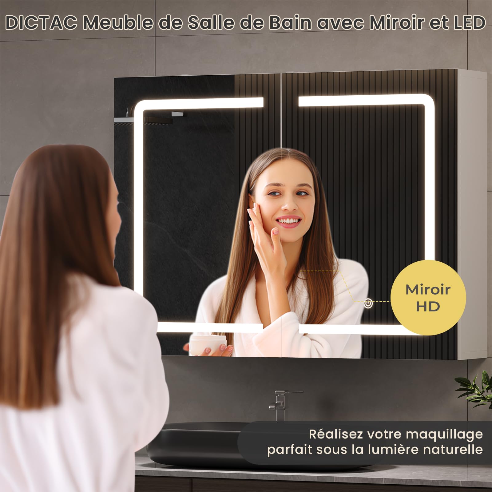 DICTAC Armoire de Salle de Bain avec Miroir et LED éclairage 70x16x60cm Armoire de Toilette Miroir avec Prise et Étagère Réglable,Meuble Pharmacie Salle de Bain,Température de Couleur Réglable,Blanc